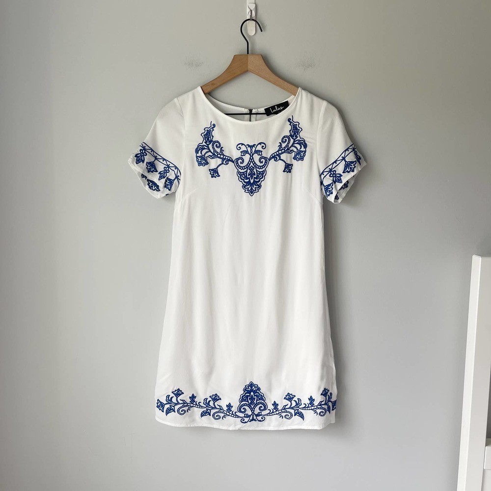 Lulus Women's White Dress Blue Embroidery Size XS